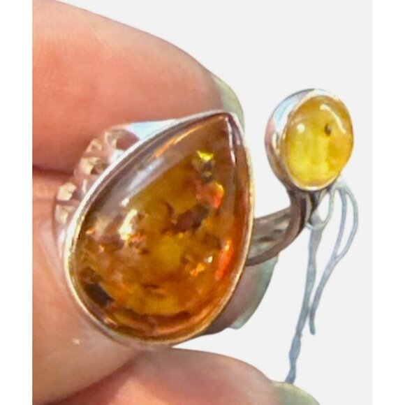 New Two Stone Baltic Amber Sterling Silver Adjustable Ring Unisex and Unique! - Picture 2 of 11